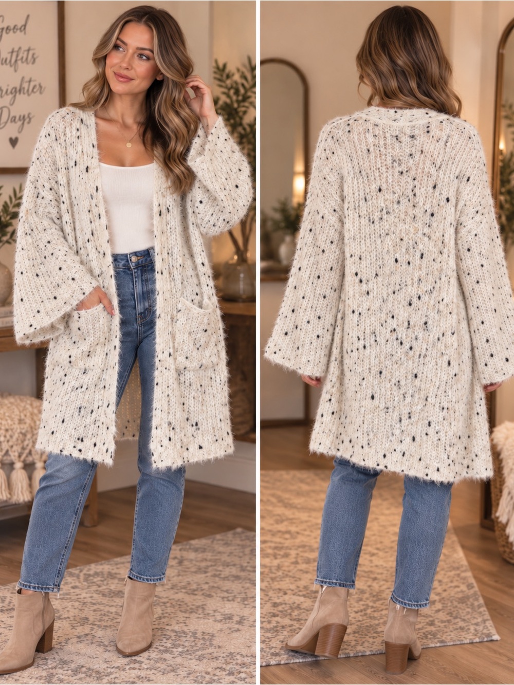 Boohoo Cream Speckled Open-Front Cardigan
